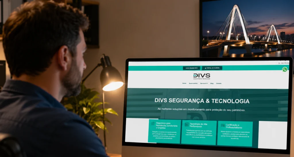 Pessoa pesquisando a melhor empresa de monitoramento 24h do Distrito Federal no site da DIVS Segurança & Tecnologia.
